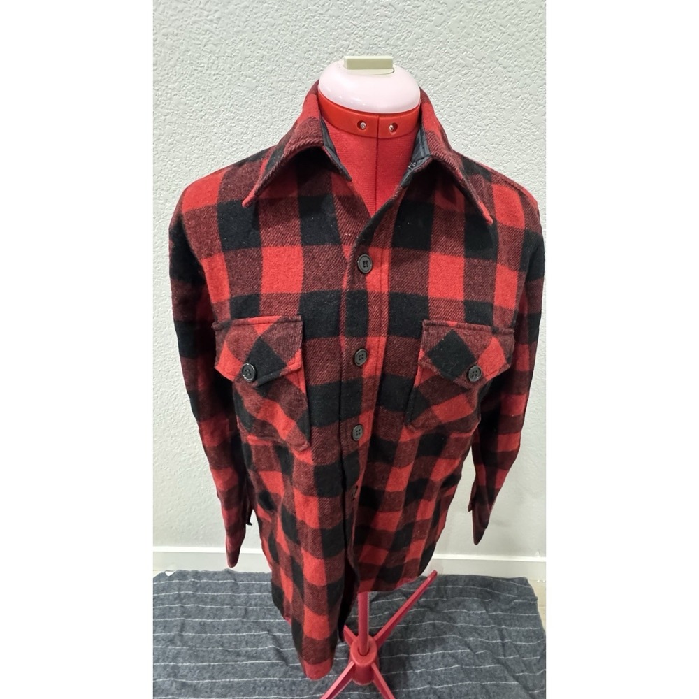 VTG HERTERS Brush Buster‎ Plaid Wool Blend Shirt Jacket Men's Red Black